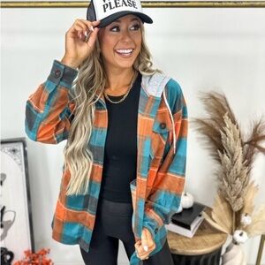 NWOT- Zenana Outfitters Plaid Button-Down Shirt - Orange and Blue